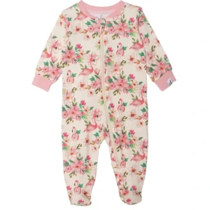 Pyjama une pice en coton biologique gris avec imprim fleurs et flamants - Deux par Deux