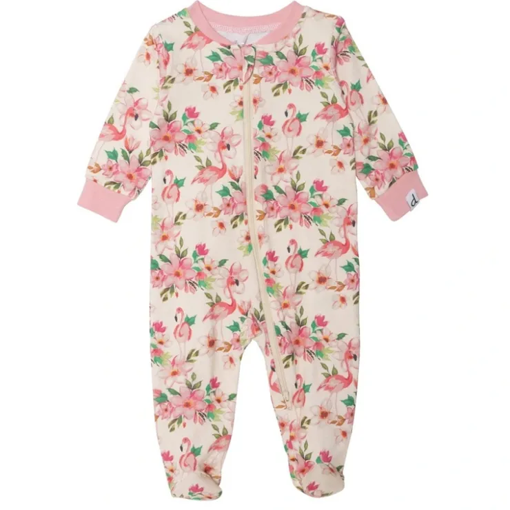 Pyjama une pice en coton biologique gris avec imprim fleurs et flamants - Deux par Deux